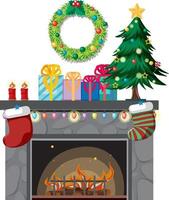 Chimenea con objetos decorativos en tema navideño. vector