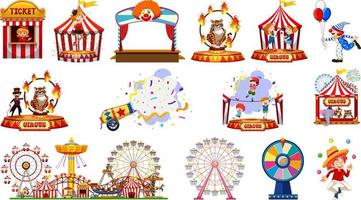 conjunto de personajes de circo y elementos del parque de atracciones. vector