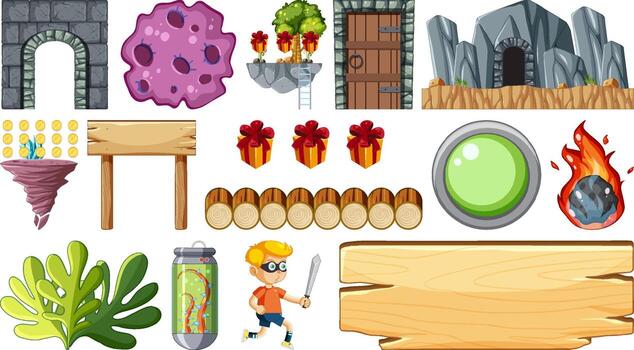 Set of isolated fantasy space game objects and elements vector