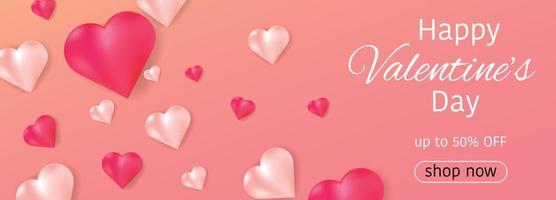 banner rosa para feliz día de san valentín con corazones. plantilla para ventas, anuncios, pancartas, tarjetas, promociones, carteles. banner de vector. vector