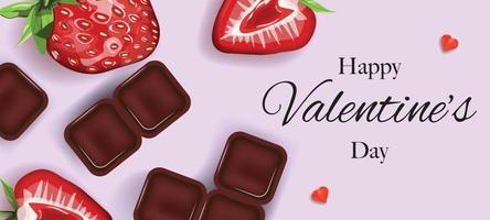 Happy Valentine's Day banner with chocolate, strawberries and hearts on pastel purple background. Template for banner, cards, invitation, advertisements, background. Vector background.