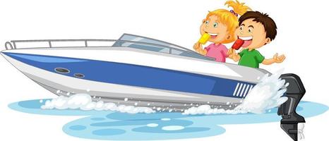 Couple kids on speed boat on white background vector