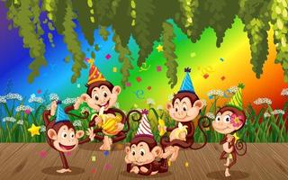 Happy monkeys in the forest on gradient rainbow background vector