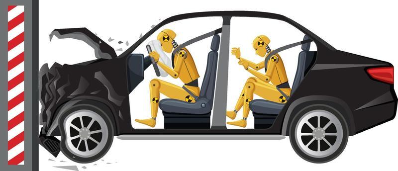 Crash test dummy with broken car