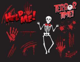 Skeleton ghost with blood spatter and hand print vector