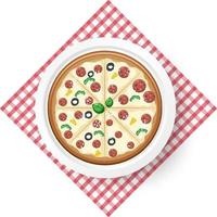 Top view of cheese salami pizza on tablecloth vector