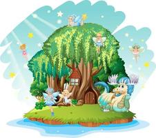 Fantasy tree house inside tree trunk with fairies and dragon vector