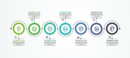 Plantilla de etiqueta infográfica con 7 opciones o iconos de pasos. infografías para ideas de negocios que se pueden utilizar en educación, diagramas de flujo, presentaciones, sitios web, pancartas. vector