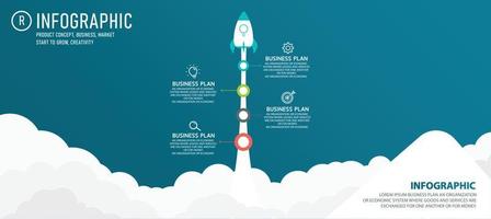 Rocket launch infographic with vector data icon, 4 step options. Abstract art rocket and paper asterisk on blue background. can be used for planning business process banner
