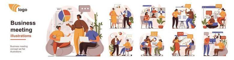 Business meeting concept isolated person situations. Collection of scenes with people employees discuss, make reports, brainstorm, management, teamwork. Mega set. Vector illustration in flat design