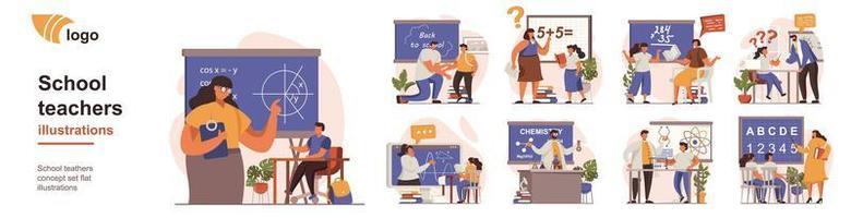 School teachers concept isolated person situations. Collection of scenes with people teach different lessons, explain math or chemistry to pupils in class. Mega set. Vector illustration in flat design