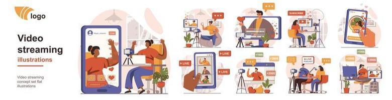 Video streaming concept isolated person situations. Collection of scenes with people bloggers broadcast online, communicate with followers, record podcast. Mega set. Vector illustration in flat design