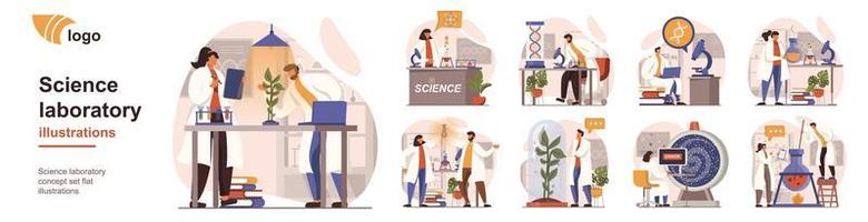 concepto de laboratorio de ciencia situaciones de persona aislada. colección de escenas con personas que los científicos realizan investigaciones científicas y pruebas, descubrimientos en el laboratorio. mega set. ilustración vectorial en diseño plano vector