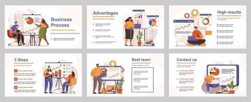 Business process concept for presentation slide template. People analyze data, create success strategy, colleagues collaborate and leadership. Vector illustration with flat persons for layout design