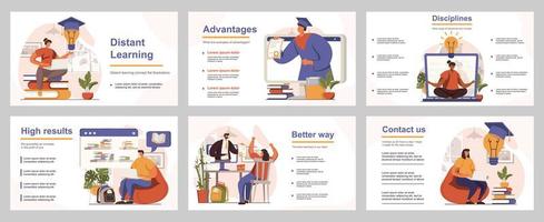 Distant learning concept for presentation slide template. People studying online, students watch webinars and video lessons, take courses. Vector illustration with flat persons for layout design