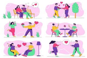 concepto de día de San Valentín situaciones de persona aislada. colección de escenas con personas que confiesan su amor, dan regalos y corazones, parejas en citas románticas. mega set. ilustración vectorial en diseño plano vector