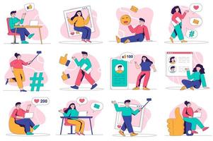 Social media concept isolated person situations. Collection of scenes with people users post photos, comment, likes, write blog posts, communicate online. Mega set. Vector illustration in flat design