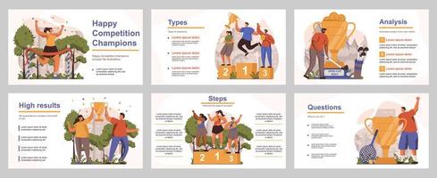 Happy competition champions concept for presentation slide template. People athletes winning first places, receive trophies and celebrate. Vector illustration with flat persons for layout design