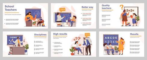 School teachers concept for presentation slide template. People teach different lessons, explaining teaching material to pupils in classroom. Vector illustration with flat persons for layout design