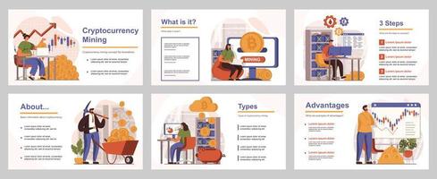 Cryptocurrency mining concept for presentation slide template. People sell and buy bitcoins, analyze financial data growth, crypto business. Vector illustration with flat persons for layout design