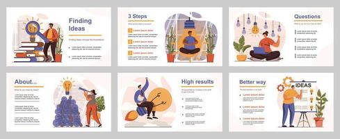 Finding ideas concept for presentation slide template. People come up with new ideas, brainstorming, develop project plan and success strategy. Vector illustration with flat persons for layout design