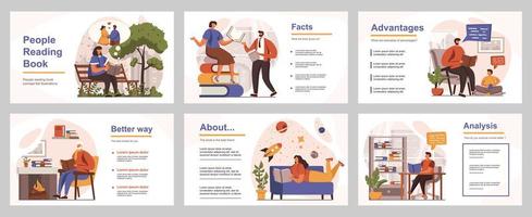 People reading book concept for presentation slide template. Men and women reading lovers pastime with different literature or textbooks. Vector illustration with flat persons for layout design