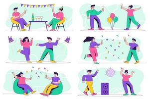 concepto de fiesta situaciones de persona aislada. colección de escenas con gente divirtiéndose en un evento festivo, bebiendo champán, bailando en la discoteca. mega set. ilustración vectorial en diseño plano vector