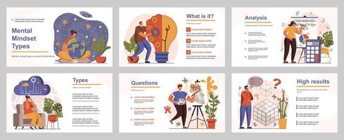 Mental mindset types concept for presentation slide template. People with logical, structural, creative, abstract and imaginative thinking. Vector illustration with flat persons for layout design
