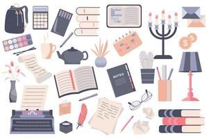 Books and stationery isolated elements set. Collection of papers, letter, calendar, lamp, typewriter, pen and other. Writers desktop items composition. Vector illustration in flat cartoon design