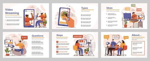 concepto de transmisión de video para la plantilla de diapositiva de presentación. las personas transmiten en línea, los blogueros se comunican con los seguidores, graban podcasts en el estudio. ilustración vectorial con personas planas para el diseño de diseño vector