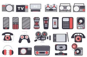 gadgets conjunto de elementos aislados. colección de cámara de fotos, tv, computadora, grabadora, radio, teléfono inteligente y otros. Composiciones de tienda de dispositivos electrónicos. ilustración vectorial en diseño plano de dibujos animados vector