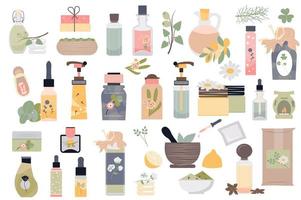 Spa y cosméticos orgánicos conjunto de elementos aislados. colección de diferentes tipos de botellas con composiciones de productos para el cuidado de la piel, frutas, hierbas y flores. ilustración vectorial en diseño plano de dibujos animados vector