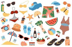 Summertime travel isolated elements set. Collection of shoes, short, swimsuit, sunglasses, panama, fruits, sunscreen and other. Summer vacation compositions. Vector illustration in flat cartoon design