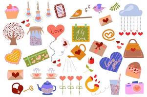 Valentines day isolated elements set. Collection of gift, heart, cupcake, bird, letter, cloud, balloon, lock, key and other. Romantic holiday compositions. Vector illustration in flat cartoon design