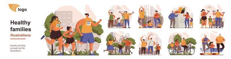 Healthy families concept isolated person situations. Collection of scenes with people parents with children go in for sports, compete and active lifestyle. Mega set. Vector illustration in flat design