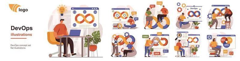 DevOps concept isolated person situations. Collection of scenes with programmers working on software development, operations process, technical support. Mega set. Vector illustration in flat design