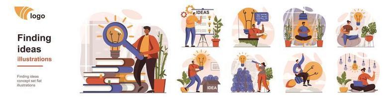 Finding ideas concept isolated person situations. Collection of scenes with people come up with new ideas, brainstorm, develop project plan and strategy. Mega set. Vector illustration in flat design