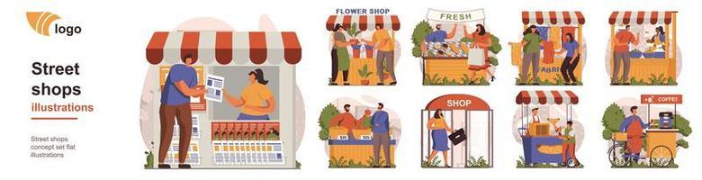 Street shops concept isolated person situations. Collection of scenes with people buy newspapers, flowers, fresh food, fast food or coffee in stores. Mega set. Vector illustration in flat design