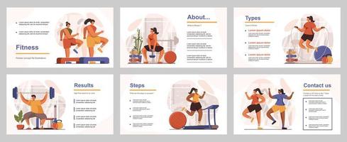 Fitness at gym concept for presentation slide template. People doing aerobics or weightlifting, exercise on simulators, running, jumping rope. Vector illustration with flat persons for layout design