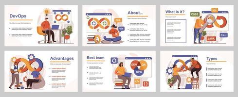 DevOps concept for presentation slide template. People collaborates on software development project, programming and management, communication. Vector illustration with flat persons for layout design