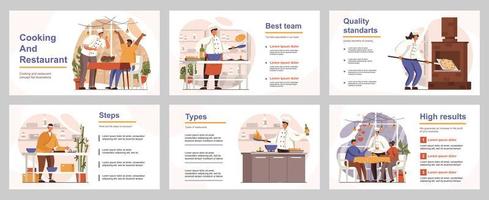 concepto de cocina y restaurante para la plantilla de diapositiva de presentación. la gente trabaja en la cocina, los chefs preparan pizzas o comidas, los camareros sirven a los clientes. ilustración vectorial con personas planas para el diseño de diseño vector