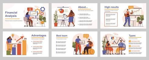 Financial analysis concept for presentation slide template. People working with data and financial statistics, accountants planning budget. Vector illustration with flat persons for layout design