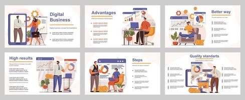 Digital business concept for presentation slide template. People analyze financial data, create strategy, marketing research, development. Vector illustration with flat persons for layout design