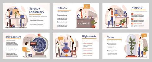 concepto de laboratorio de ciencia para la plantilla de diapositiva de presentación. la gente hace investigaciones científicas y diferentes pruebas, descubrimientos científicos en laboratorio. ilustración vectorial con personas planas para el diseño de diseño vector