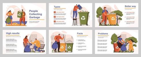 personas que recogen el concepto de basura para la plantilla de diapositiva de presentación. voluntarios que clasifican diferentes tipos de basura en contenedores separados, protegiendo la ecología. ilustración vectorial con personas planas para el diseño de diseño vector