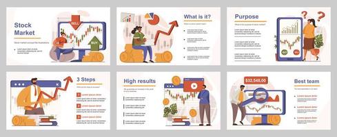 Stock market concept for presentation slide template. People analyze financial data, brokers buy or sell, create success investment strategy. Vector illustration with flat persons for layout design