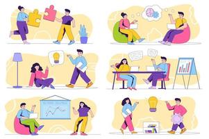 Teamwork concept isolated person situations. Collection of scenes with people colleagues collaborate, complete tasks, create ideas, brainstorm at office. Mega set. Vector illustration in flat design