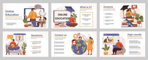 Online education concept for presentation slide template. People learning from video lessons, watch seminars, students training at webinars. Vector illustration with flat persons for layout design