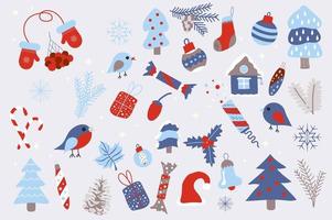 Christmas and winter holiday isolated elements set. Collection of mittens, rowan, bird, tree, spruce, bump, sock, candy, toys and other. Xmas compositions. Vector illustration in flat cartoon design