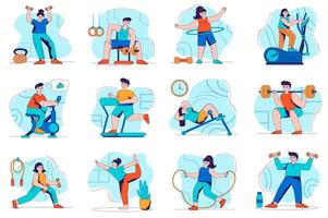 concepto de fitness situaciones de persona aislada. colección de escenas con personas que hacen ejercicio en el gimnasio, levantan pesas, andan en bicicleta, hacen yoga o saltan la cuerda. mega set. ilustración vectorial en diseño plano vector